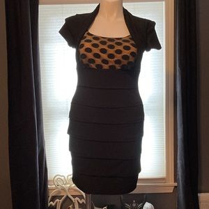 Black shrug body-con bandage dress with black over nude polka dot bust size 12